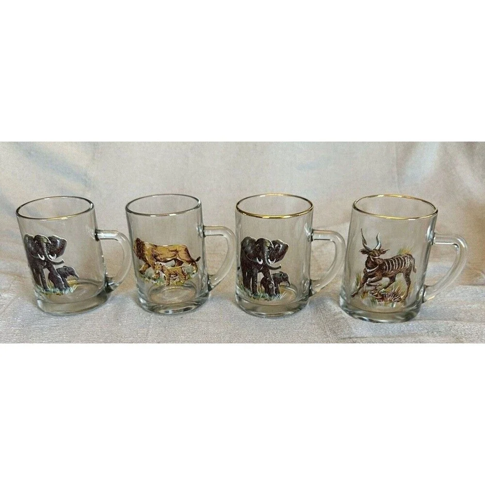 Beer Cocktail Mug Stein Glass Antelope, 2 Elephant and Lion, w/babies set of 4